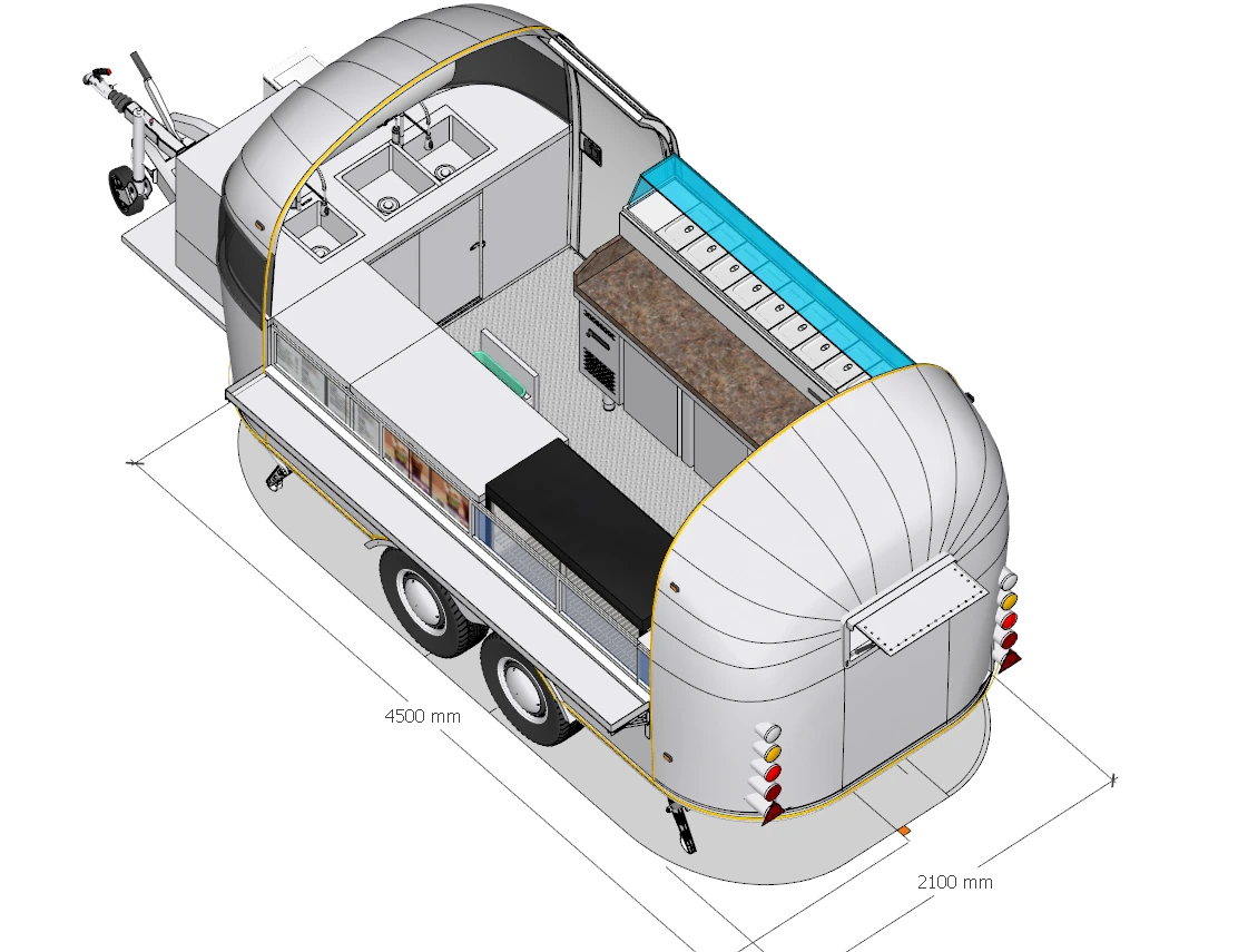 Ilustrační 3D návrh interiéru — Burgery, pizza a kebab · Zobrazená pizza varianta; burger a kebab vyžadují vlastní sestavu.
